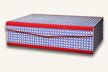 Stackable box with blue and red pattern